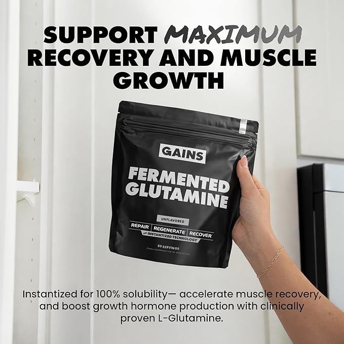 Gains in Bulk L-Glutamine Gluten Free Glutamine Powder for Muscle Recovery and Growth Post Workout Support Amino Acid Supplement Promotes Protein Synthesis Non GMO Unflavored 90 Servings