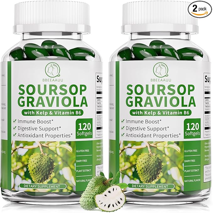 Soursop Graviola Capsules with Kelp for Cell Regeneration Enhances Immunity Digestive Support Anti-oxidant* Properties Gluten Free Vegan 120 Counts (2 Pack)