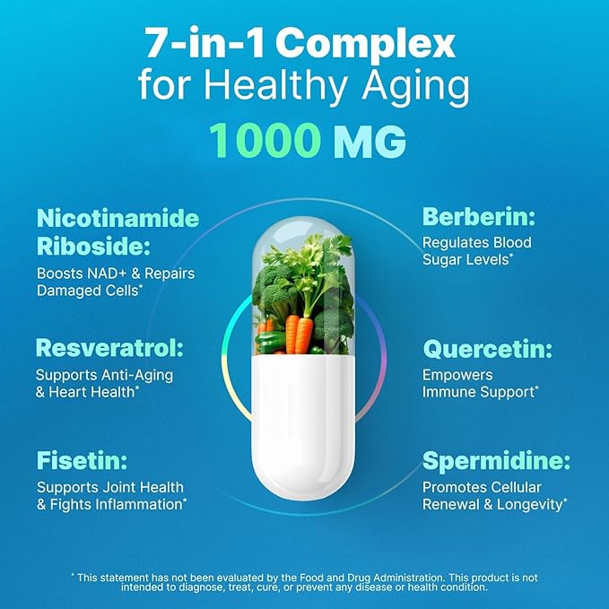 Liposomal Nicotinamide Riboside NR Supplement Resveratrol NAD : Nicotinamide 500mg w/Fisetin Resveratrol Powder Spermidine Berberine NAD Resveratrol Supplement 500 mg - 60 caps 1 Pack