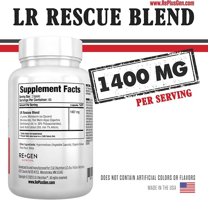 Re+Gen Nutrition Outbreak Support Supplement Cold Sore &amp Lysine Rescue Immune Health Capsules Natural Support for Adults Zinc Vitamin C L-lysine Amino Acid Lips &amp Skin Health 120 &amp 9