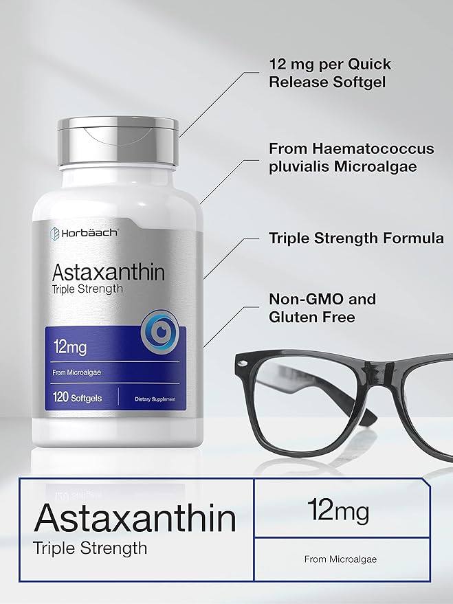 Horbäach Astaxanthin Supplement | 12mg | 120 Softgels | Triple Strength | from Microalgae | Non-GMO &amp Gluten Free