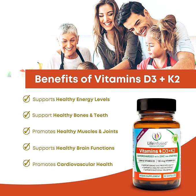 Life Infused Vitamin D3 + K2 Supplement with Zinc &amp Enzymes — 3000 IU D3 MK-7 K2 Immune &amp Bone Support Enhanced Absorption Non-GMO Vegan Capsules 90 Count