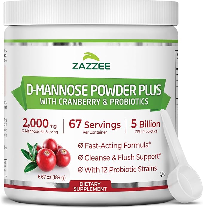 Zazzee D-Mannose Powder Plus 2000 mg 67 Servings Plus 5 Billion CFU Probiotics and Pure Cranberry Juice Extract Certified Kosher Free Scoop 6.67 oz Urinary Tract Support Non-GMO All-Natural