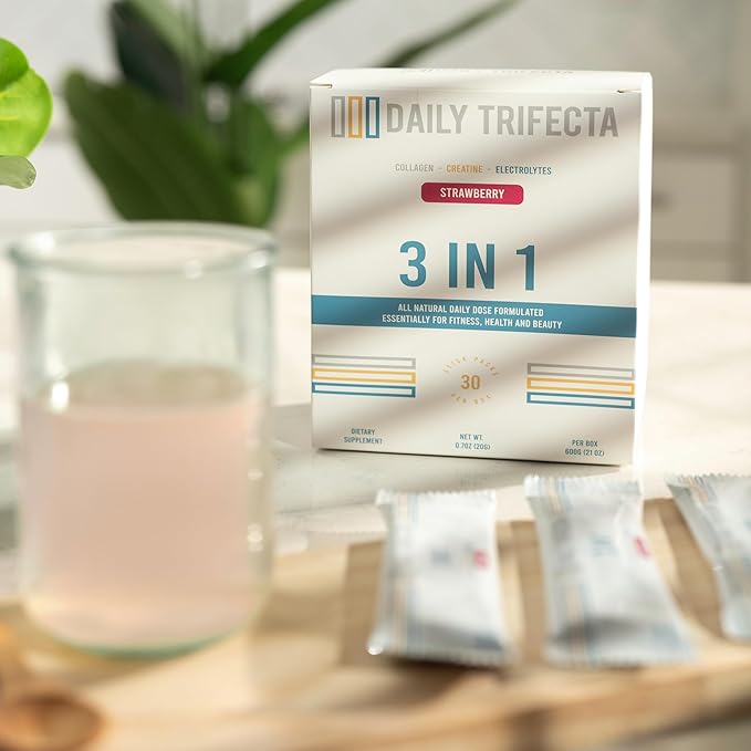 DAILY TRIFECTA 3-in-1 Collagen Creatine &amp Electrolyte Stick Packs | Type I Collagen Creatine Monohydrate Zero Sugar | 30 Natural Single-Serve Packets | Strength Hydration &amp Recovery (Straw