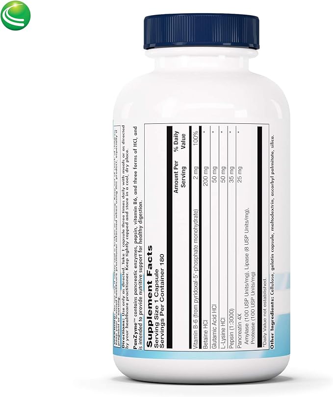 Nutra Biogenesis PanZyme - Betaine HCL with Pepsin Pancreatin Lipase and Protease Cellular Energy Nervous System and Metabolic Health Support - 180 Capsules