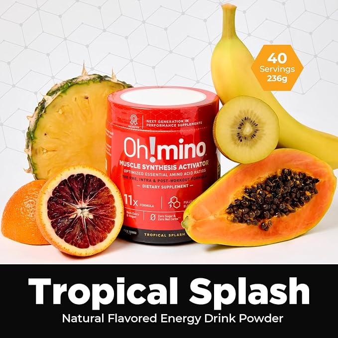 Oh!mino Essential Amino Acids Supplement Drink Powder Tropical Splash Cafeeinated Powder All 9 EAAs BCAAs and The Perfect Amino for Workouts Amino Energy and to Build Muscle and Recover Faster