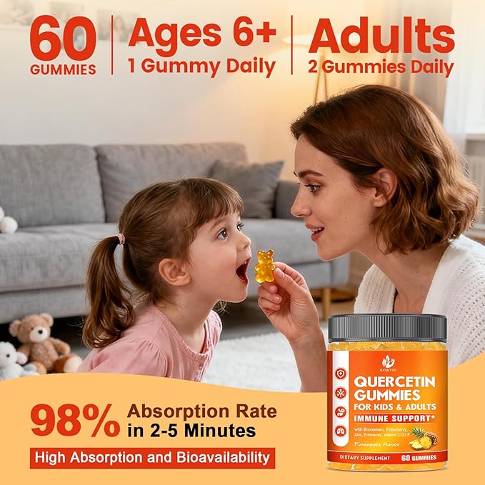 Sugar Free Quercetin with Bromelain Gummies for Kids &amp Adult - Immune Antioxidant Seasonal Support 1000mg Quercetin Supplements with Bromelain Zinc Elderberry Vitamin C D3 E Vegan 60 Count