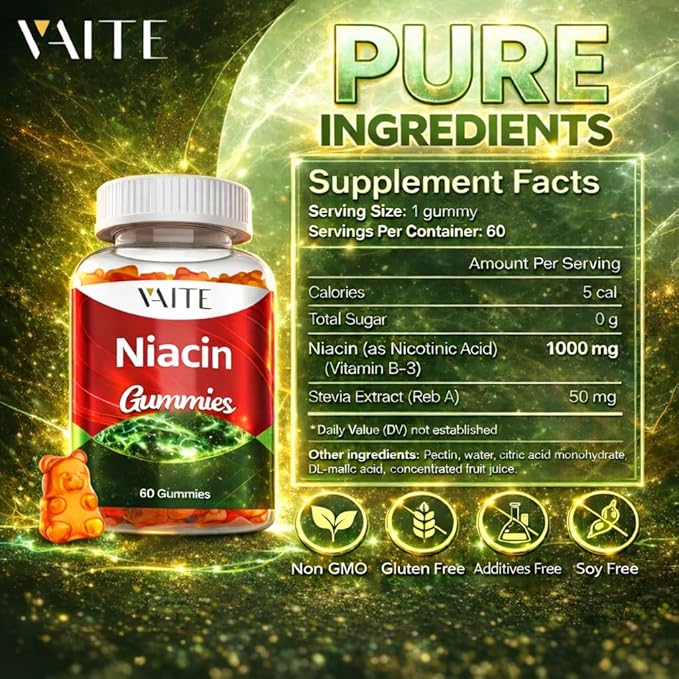 VAITE Niacin (Vitamin B3) 1000mg Supplement – Antioxidant &amp Energy Support Nicotinic Acid for Nutrient Conversion &amp Skin Hydration Sugar-Free 60 Vegan Gummies Non-GMO Daily Chewable