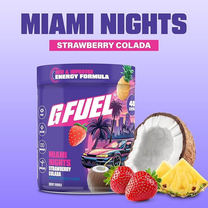 G Fuel Miami Nights 2.0 Energy Drink Powder Pre Workout Caffeine Mix for Gaming Sugar Free Focus Amino Vitamin + Antioxidants 8.7oz (Strawberry Pina Colada 40 Servings)