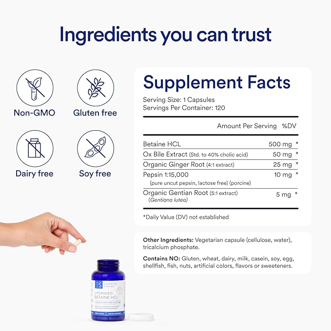 Essential Stacks Betaine HCL with Pepsin Ox Bile Organic Gentian &amp Ginger - Betaine Hydrochloride Supplement w Digestive Enzymes Bile &amp Bitters - Gluten Dairy &amp Soy Free (120 Capsules)