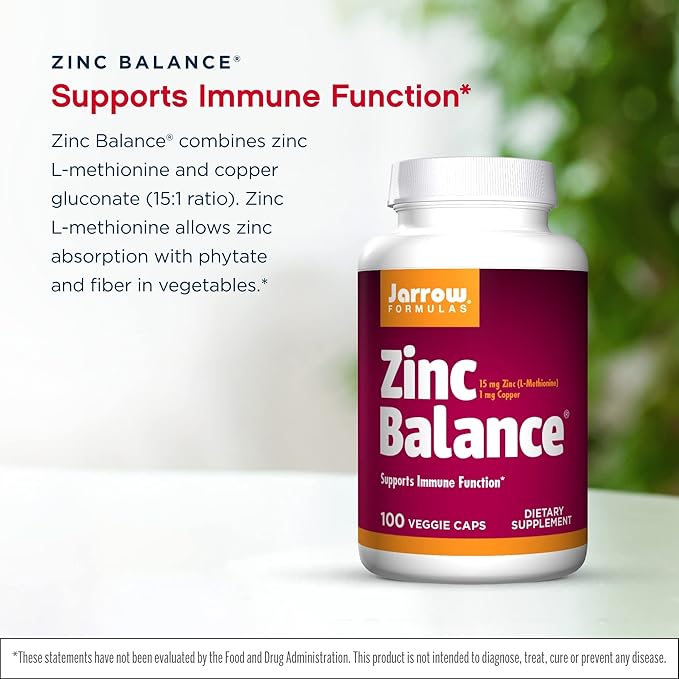 Jarrow Formulas Zinc Balance 15 mg - 100 Veggie Caps Pack of 2 - Immune Support - Includes Copper - 100 Count (Pack of 2)