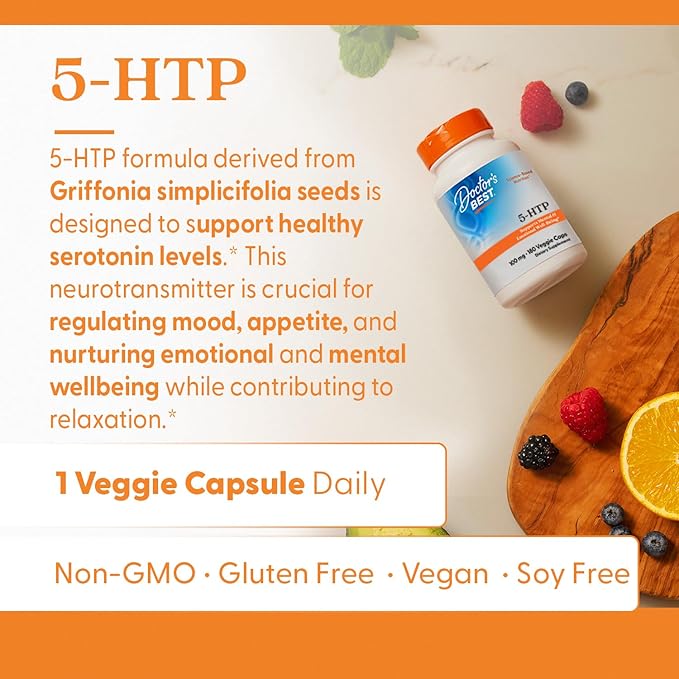 Doctors Best 5-HTP Supports Mental &amp Emotional Well-Being Non-GMO Gluten Free Soy Free Vegan 180 Veggie Caps