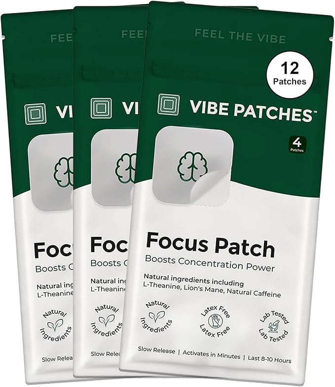 Focus Patch | Wearable Wellness for Focus Support with L-Theanine and Lion’s Mane | Long Lasting Patch for 10 Hours | Vegan &amp Latex Free | 4 Patches Per Pack 3 Pack