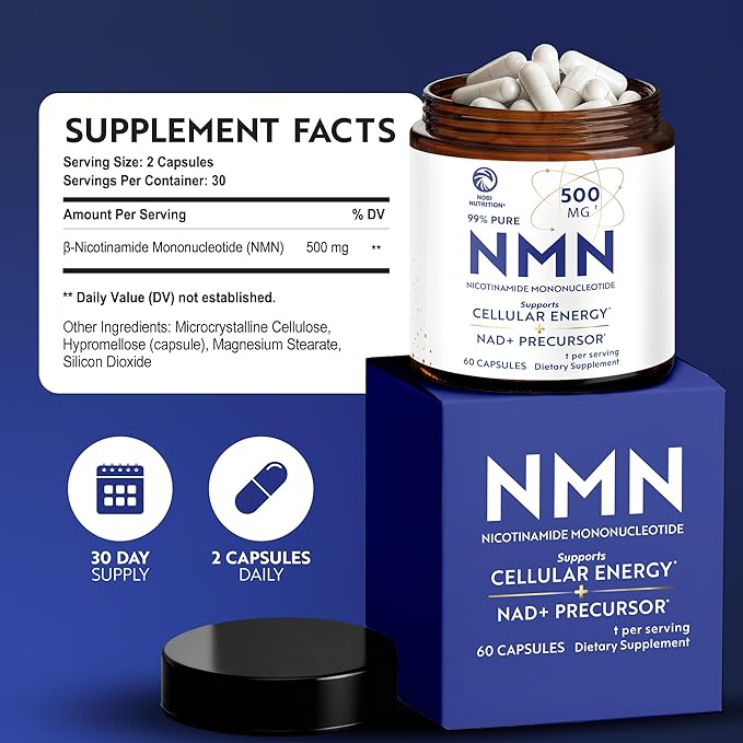 NMN Supplement 500mg | 99% Pure | NAD+ Precursor for Cellular Energy Longevity Repair and Healthy Aging Support | Third-Party Tested &amp Non-GMO | Nicotinamide Mononucleotide | 60 NMN Capsules