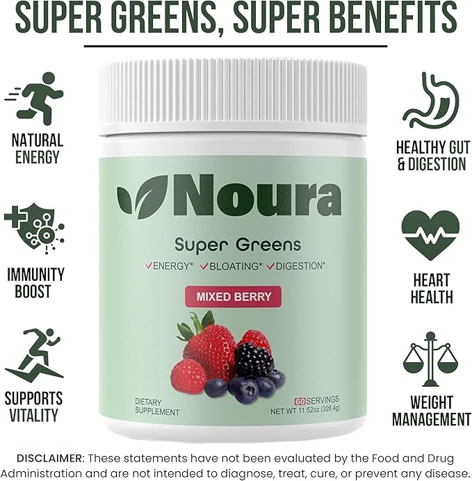 Super Greens Powder 60 Servings - Immunity Digestive Enzymes &amp Probiotics for Energy Gut Health Bloating Relief for Women - Greens Superfood Powder - Mixed Berry