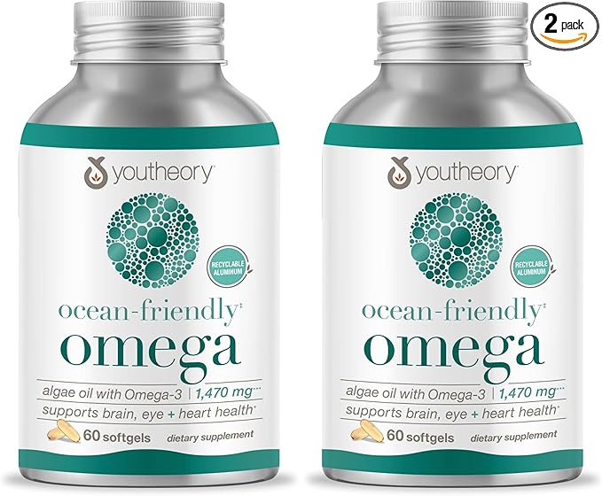 Youtheory Ocean-Friendly Omega - Vegan Algae Omega 3 Softgel - with EPA &amp DHA - Heart Eye &amp Brain Health - Recyclable Aluminum Container - Gluten Soy &amp Dairy Free - 60 Softgels (Pack of