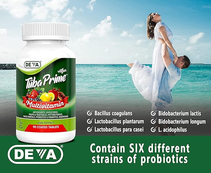 DEVA Tuba Prime Vegan Multivitamin High-Potency Vitamin and Mineral Dietary Supplement Antioxidants Fruit and Vegetable Blend Super Mushrooms Probiotics Prebiotics Seeds Herbs - 90 Tabs 2-Pack