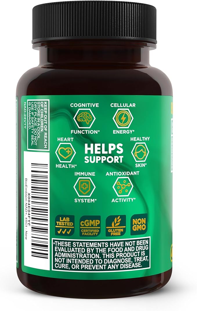 BioEmblem NAD+ Supplement | 300 mg Nicotinamide Riboside with CoQ10 &amp Resveratrol | Supports Healthy Aging Cellular Energy and Cognitive Function | Non-GMO Gluten Free - 45 Capsules
