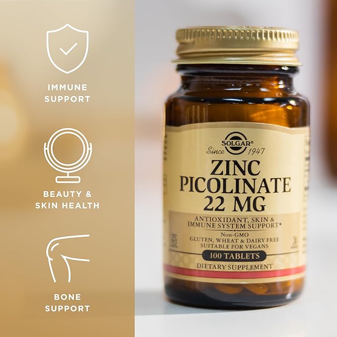 Solgar Zinc Picolinate 22 mg 100 Tablets (Pack of 3) - Promotes Healthy Skin - Supports Immune System Normal Taste &amp Vision - Antioxidant - Non-GMO Vegan Gluten Free Kosher - 300 Total Servin