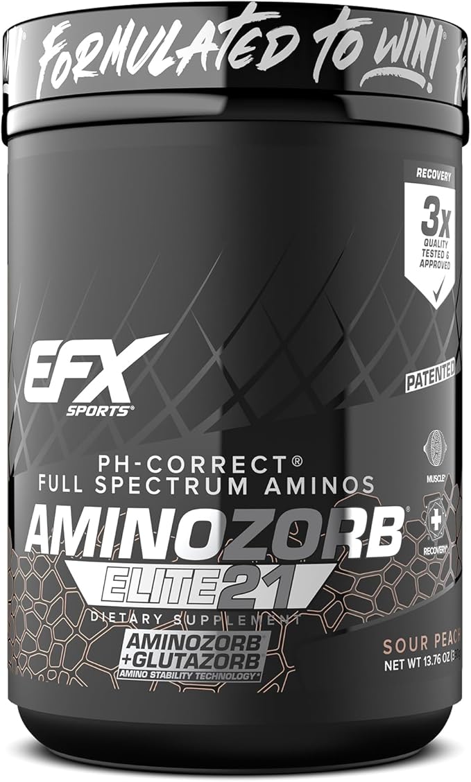 EFX Sports Aminozorb Elite 21 | PH-Correct Full Spectrum Aminos + Glutamine | Essential &amp Non Essential Aminos | Zero Sugars | 30 Servings (Sour Peach)