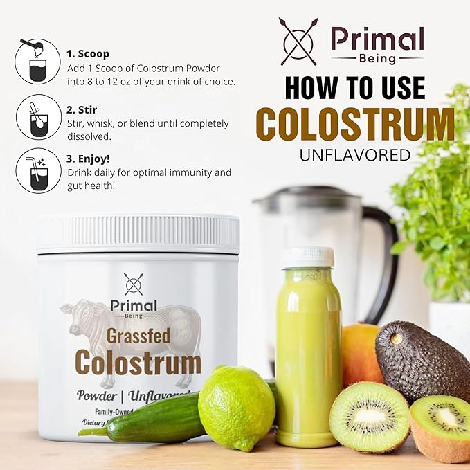 Primal Being Grassfed Beef Colostrum - Supports Immune Function Gut Health Hair Anti-Aging Athletic Performance Recovery - 90 Grams unflavored Powder 3000 mg per Serving