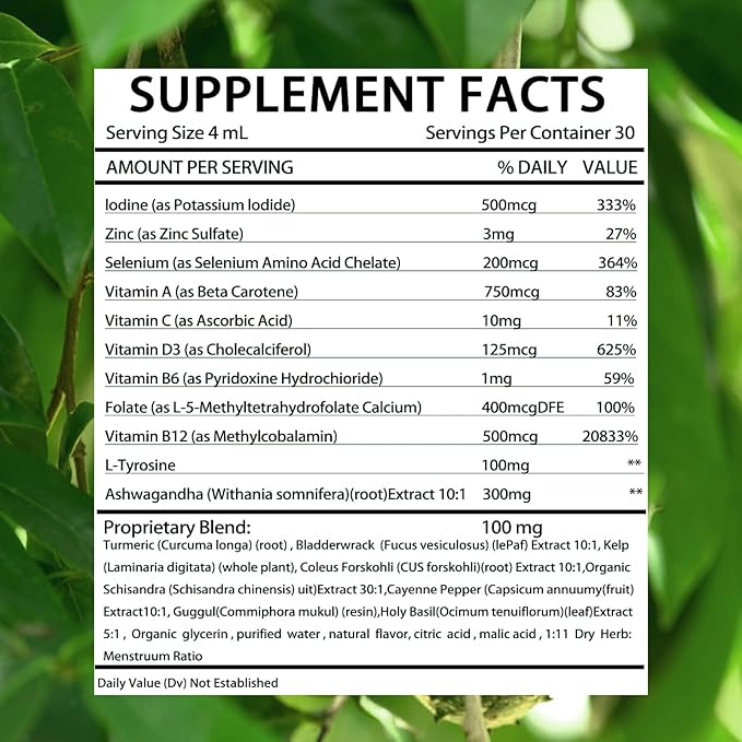Kindled Thyroid Support Drops | Selenium Zinc Iodine L-Tyrosine Ashwagandha Liquid Drops Thyroid Bloom Support | Body Balance &amp Support - 4 FL.OZ (1)