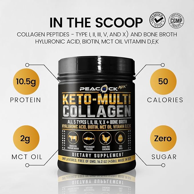 Keto Multi Collagen Peptides 16.2 oz - Bone Broth Protein Powder with 5 Types Hydrolyzed Collagen MCT Oil &amp Biotin for Skin Joints Hair &amp Nails Unflavored Collagen Powder
