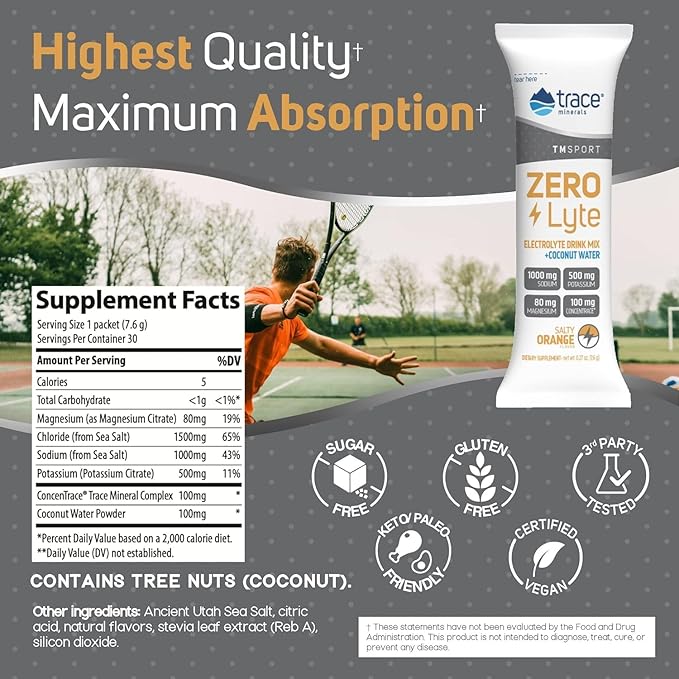 Trace Minerals ZeroLyte Salty Orange Flavor - Sugar Free Electrolyte Drink Mix - Supports Hydration Energy Stamina - Ancient Sea Salt Full Spectrum Minerals Coconut Water - 30 Packets