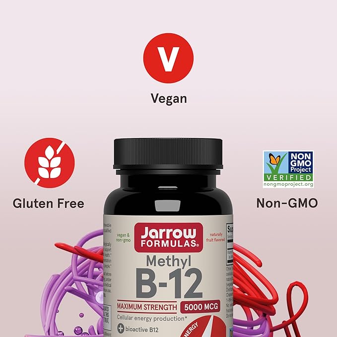 Jarrow Formulas Methyl Vitamin B12 5000 mcg - 60 Chewable Tablets Naturally Fruit Flavored- Bioactive B12 Vitamin - Supports Cellular Energy Production Brain Health &amp Metabolism - 60 Servings