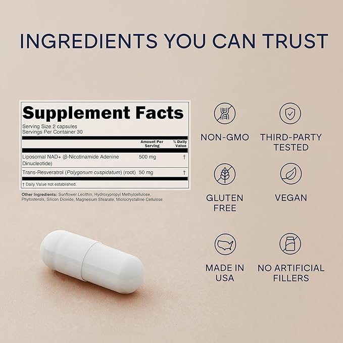 NAD+ and Resveratrol | Daily Routine Formula for Balanced Living and Long-Term Habits | Liposomal Blend in Easy-to-Take 60 Capsule Bottle