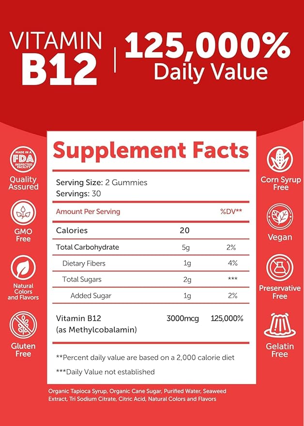 Lunakai Extra Strength 3000mcg Vitamin B12 Gummies - USA Made Delicious Daily Energy &amp Metabolism Support - Vegan B12 Methylcobalamin Supplement 60ct 3 Pack