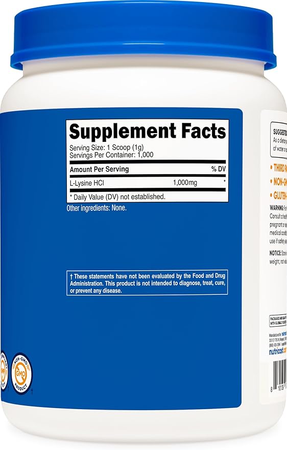 Nutricost L-Lysine Powder 1KG (2.2lbs) - Pure L-Lysine Non-GMO Gluten Free