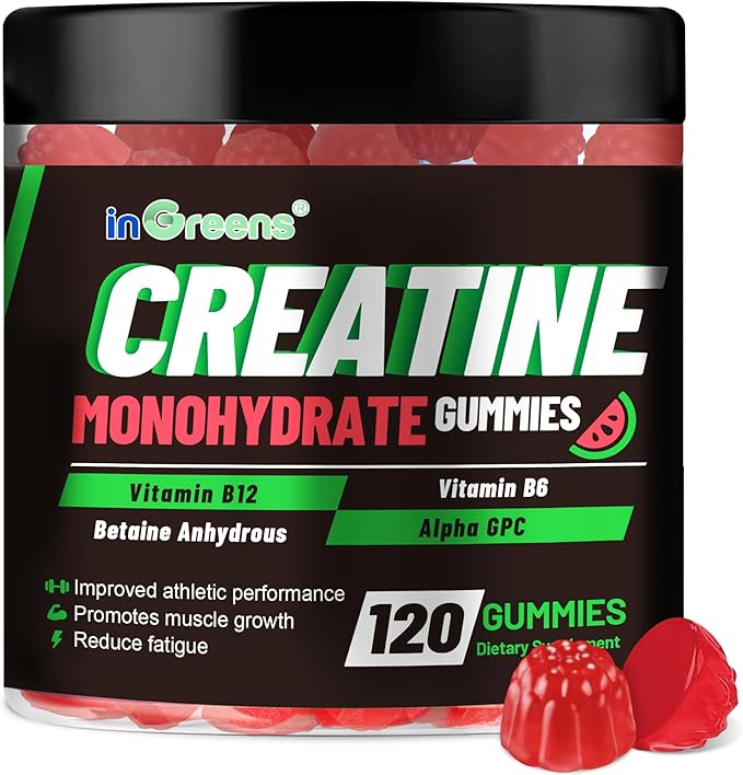 inGreens Creatine Monohydrate Gummies 6g for Men &amp Women Sugar-Free Creatine Chewables with Betaine Alpha GPC Vitamin B6 &amp B12 Natural Berry Flavor Gluten-Free 120 Count