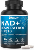 NAD+ Resveratrol Supplement with COQ10 Quercetin Turmeric NAD+ Supplement for Men and Women - Energy Focus &amp Anti-Aging Support - Gluten Free Non-GMO