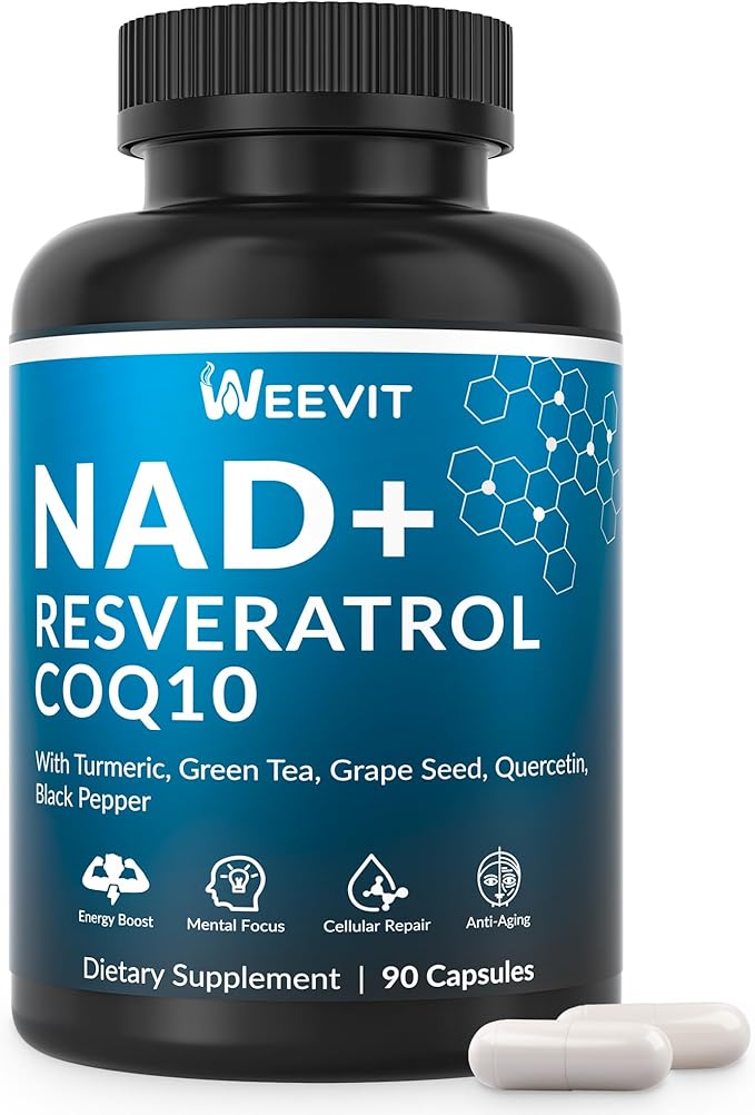 NAD+ Resveratrol Supplement with COQ10 Quercetin Turmeric NAD+ Supplement for Men and Women - Energy Focus &amp Anti-Aging Support - Gluten Free Non-GMO