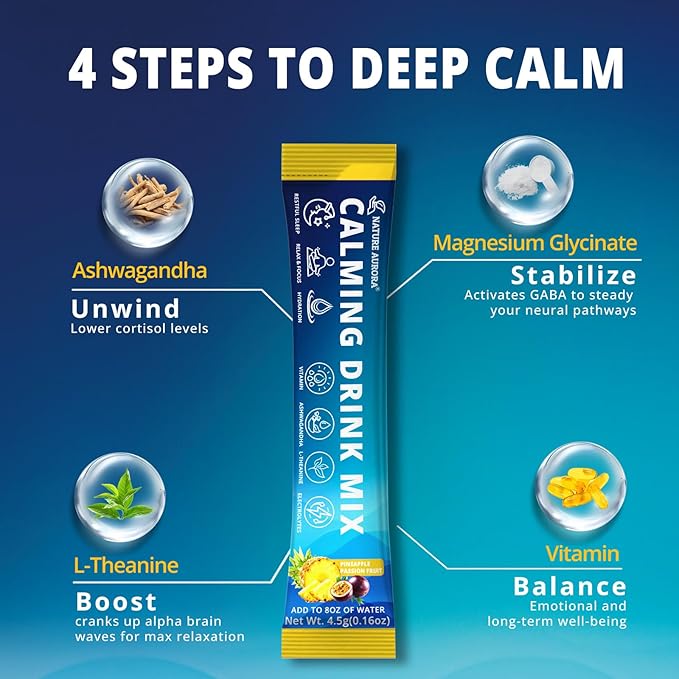 Calming Powdered Drink Mix Cortisol Drink Mix Powder with Magnesium Glycinate Ashwagandha L-Theanine Vitamin Cortisol Support Supplements for Relax Focus &amp Calm Pineapple Flavor 30 Packets
