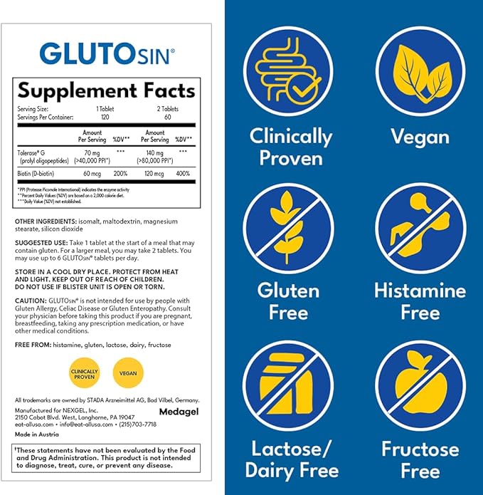 GLUTOsin Gluten Neutralizing Enzyme - Fast Dual Action for Gluten Sensitivity Tolerase G Digestive Enzyme Breaks Down Hidden Gluten Fast Biotin to Help Support Natural Gut Renewal 60 Mini Tablets