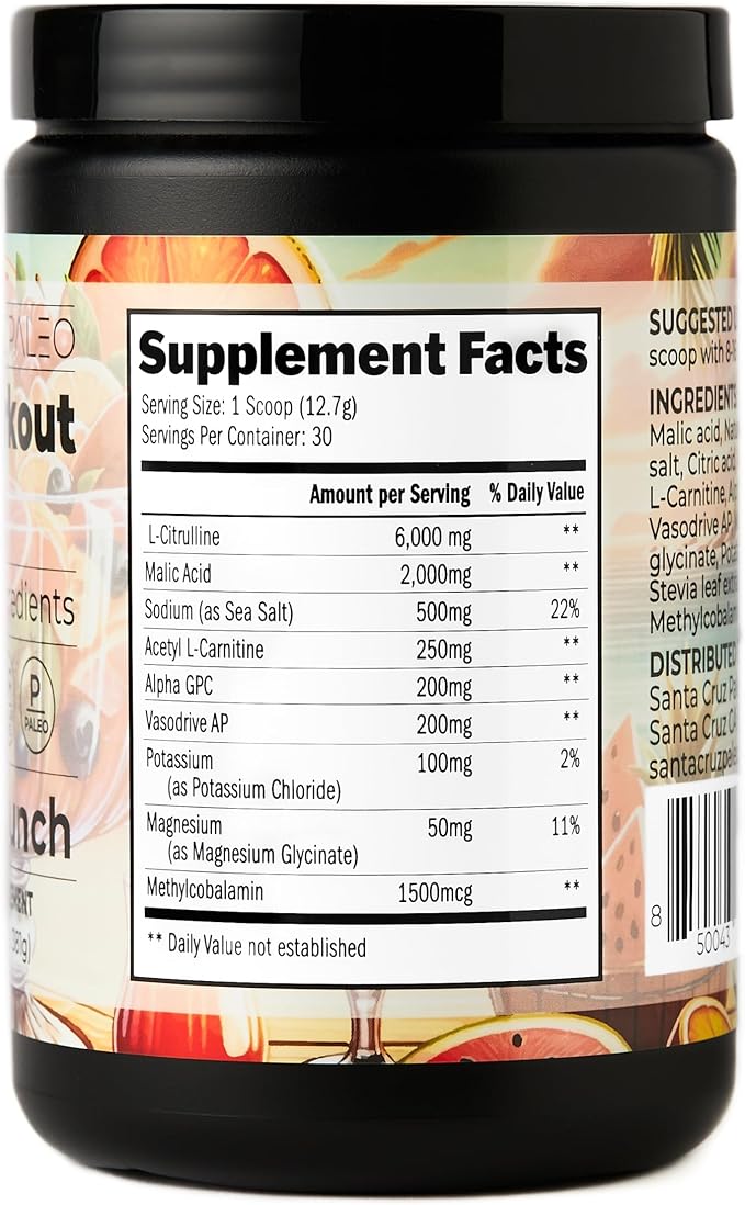 Santa Cruz Paleo Pre Workout Powder Electrolytes Magnesium Potassium Sea Salt &amp L Citrulline Caffeine &amp Sugar Free Preworkout Drink Mix for Energy &amp Hydration Island Punch Flavor 30