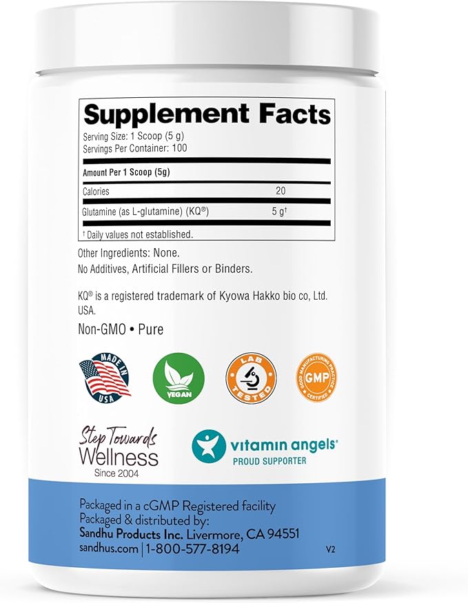 Sandhu's L-Glutamine Powder | 100 Servings 500 Gram 17.6 Oz. Large Size 3 Months Supply| Made in USA | Non-GMO Amino Acid Supplement for Muscle Support and Gut Health