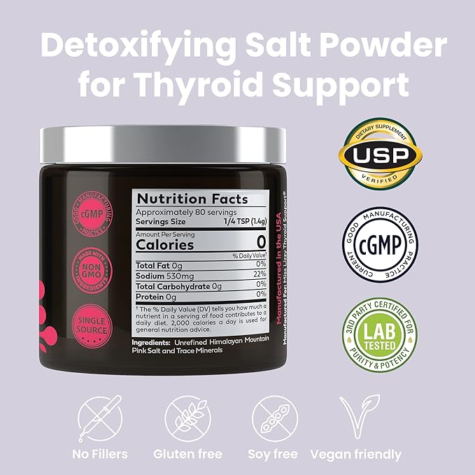 Miss Lizzy HaloDetox – Pure Unrefined Pink Salt Powder with 80 Minerals to Halogen Detox Bromine Chlorine &amp Fluoride Replenish Electrolytes &amp Support Healthy Thyroid &amp Adrenal Functio