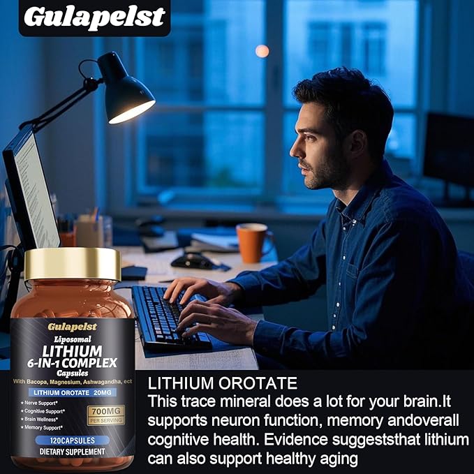 2 Packs Lisopomal Lithium Orotate Complex Capsules Lithium Orotate 20 mg Magnesium Glycinate &amp Ashwagandha Brain Health Supplements for Cognitive Mood &amp Memory – Non-GMO 240 Vegan Capsule