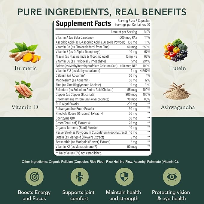 40 Plus Multivitamin for Women &amp Men with Vitamin A D B6 B12 E Zinc Magnesium Calcium - Vegan Gluten Free Mens &amp Womens Multivitamin Supports Energy Immunity Joint &amp Heart Heal