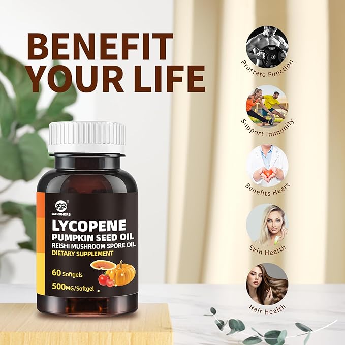 Pumpkin Seed Oil Capsule Lycopene Supplement Cold Pressed Pumpkin Seed 3 in 1 Hair Growth Supplement with Reishi Mushroom Spore Oil for Urinary and Prostate Health 60 Softgels