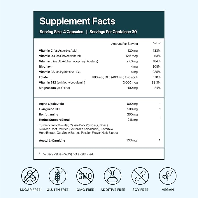 Nerve Support Supplement | Support Healthy Sensation | Alpha Lipoic Acid 600 mg Methylcobalamin &amp L-Carnitine | 18 Nutrients | 120 Capsules (30 Day Supply)