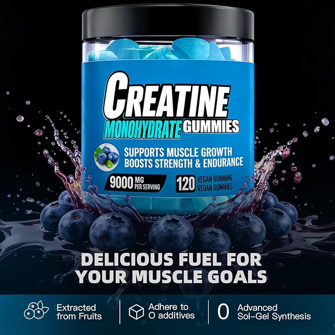 Creatine Monohydrate Gummies for Men &amp Women 9000MG Creatine Gummies for Muscle GrowthSugar Free - Blueberry Flavored with L-Taurine BCAA 2:1 B12 B6 for Boost Strength Vegan Non-GMO 120pcs