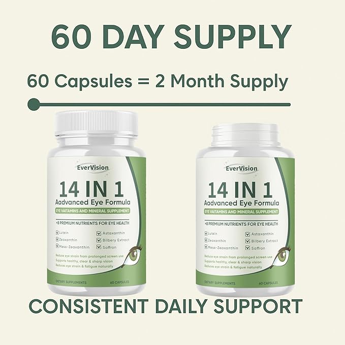 14 in 1 Advanced Eye Formula - Eye Vitamins &amp Minerals Supplement with Lutein Zeaxanthin Astaxanthin Bilberry Zinc 14-in-1 Formula for Eye Health Support - 60 Capsules (2)