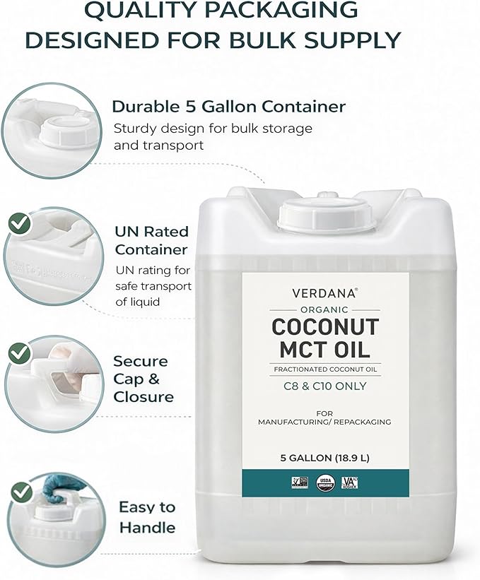 Verdana USDA Organic Coconut MCT Oil 5 Gallon (18.9 L) Bulk Size C8 &amp C10 Only Food Grade Non-GMO Kosher No Palm Kernel Oil