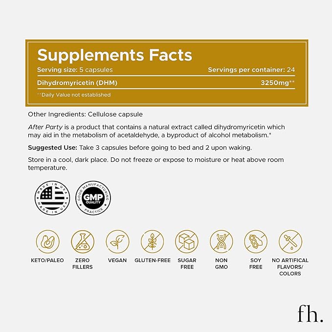 Fuller Health After Party DHM Dihydromyricetin Supplement | Supports Liver Metabolism Energy Levels Post-Celebration Relief | Feel Refreshed 650mg Per Pill | 1 Bottle 24 Servings