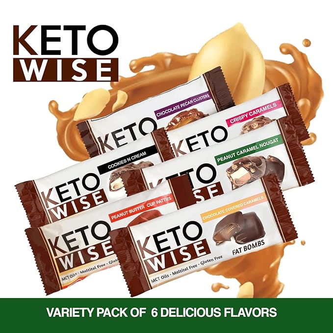 Keto Wise Fat Bombs - Made with Chocolate containing MCT Oil - Low Fat Low Carb and Keto Friendly Snack - 7g Fat 2g Net Carbs | Peanut Caramel Nougat Pack of 16