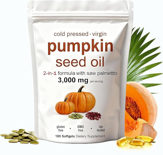 Pumpkin Seed Oil with Saw Palmetto- 3000mg - 300 Softgels -Cold Pressed - Pure Virgin Oil - Essential Fatty Acids &amp Phytosterols - Supports Hair - Urinary - Bladder &amp Prostate Health - Non-GMO